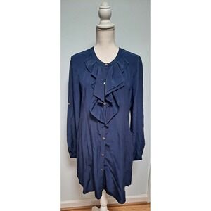 Yoana Baraschi Navy 100% Silk Ruffled Shirt Dress Large